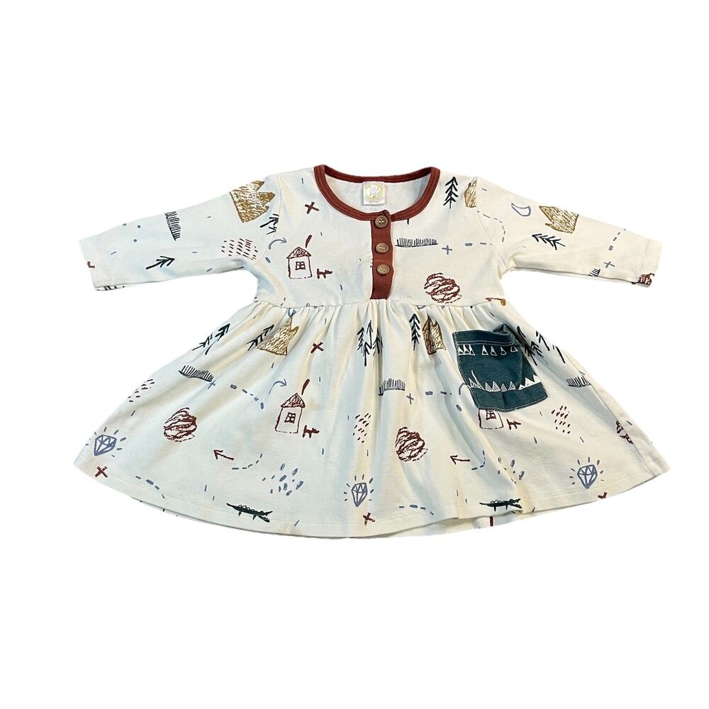 Tesa Babe Woodland Long Sleeve Dress Boho Pocket Baby Girl Size 6-12M Cream Tan